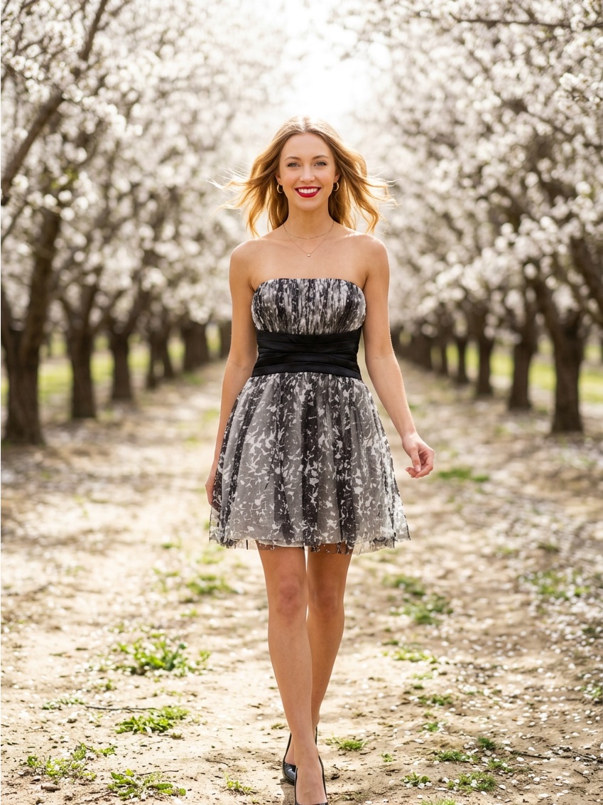 Max & Cleo Strapless Black And Gray Floral Fit-And-Flare Dress
